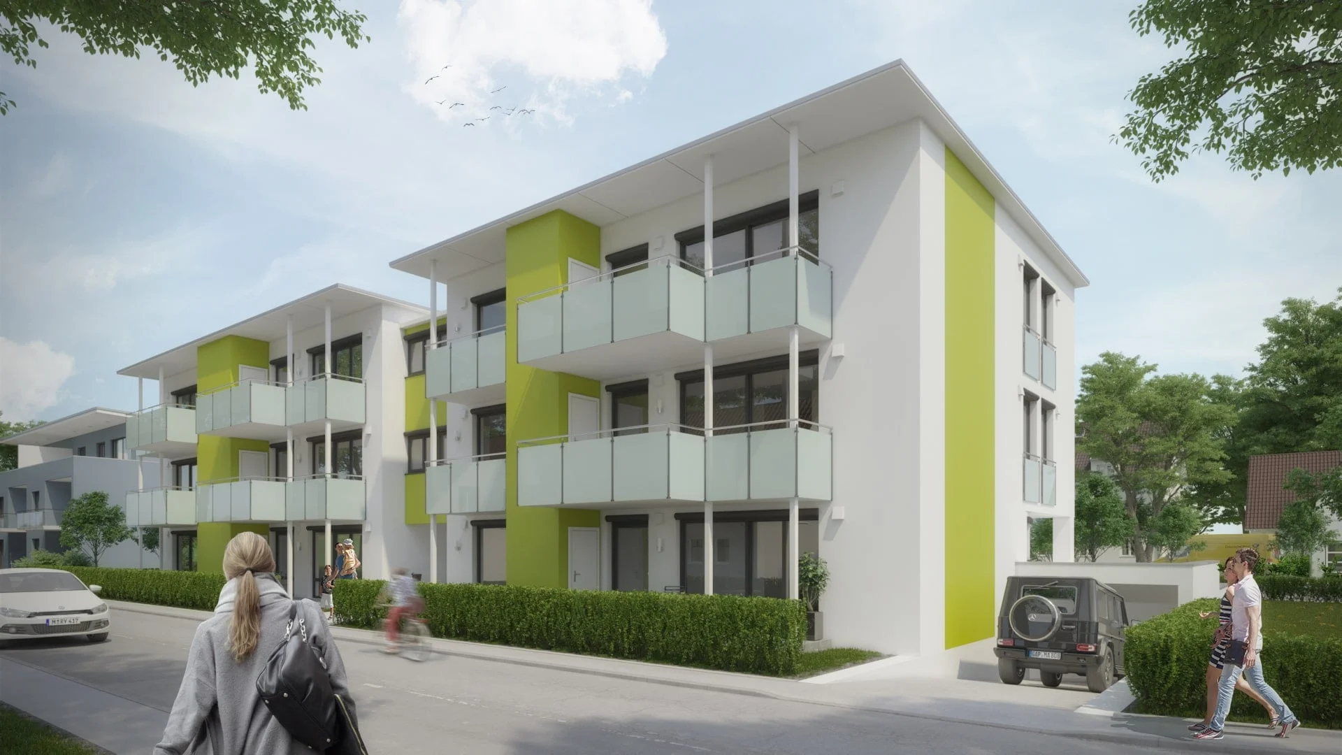 Architectural visualization. Apartment buildings. Street view