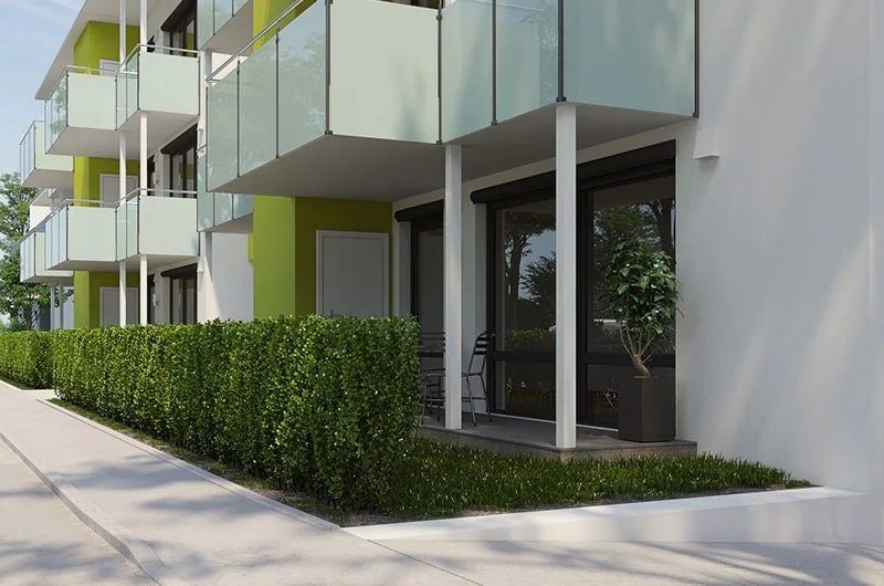 Architectural visualization. Apartment buildings. View of the terrace