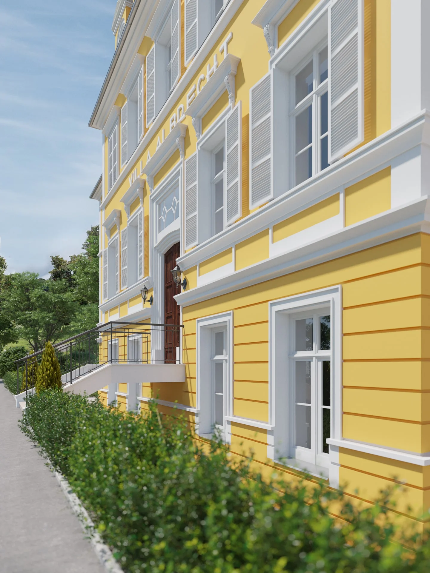 Architectural visualization. Villa Albrecht. Entrance close up.