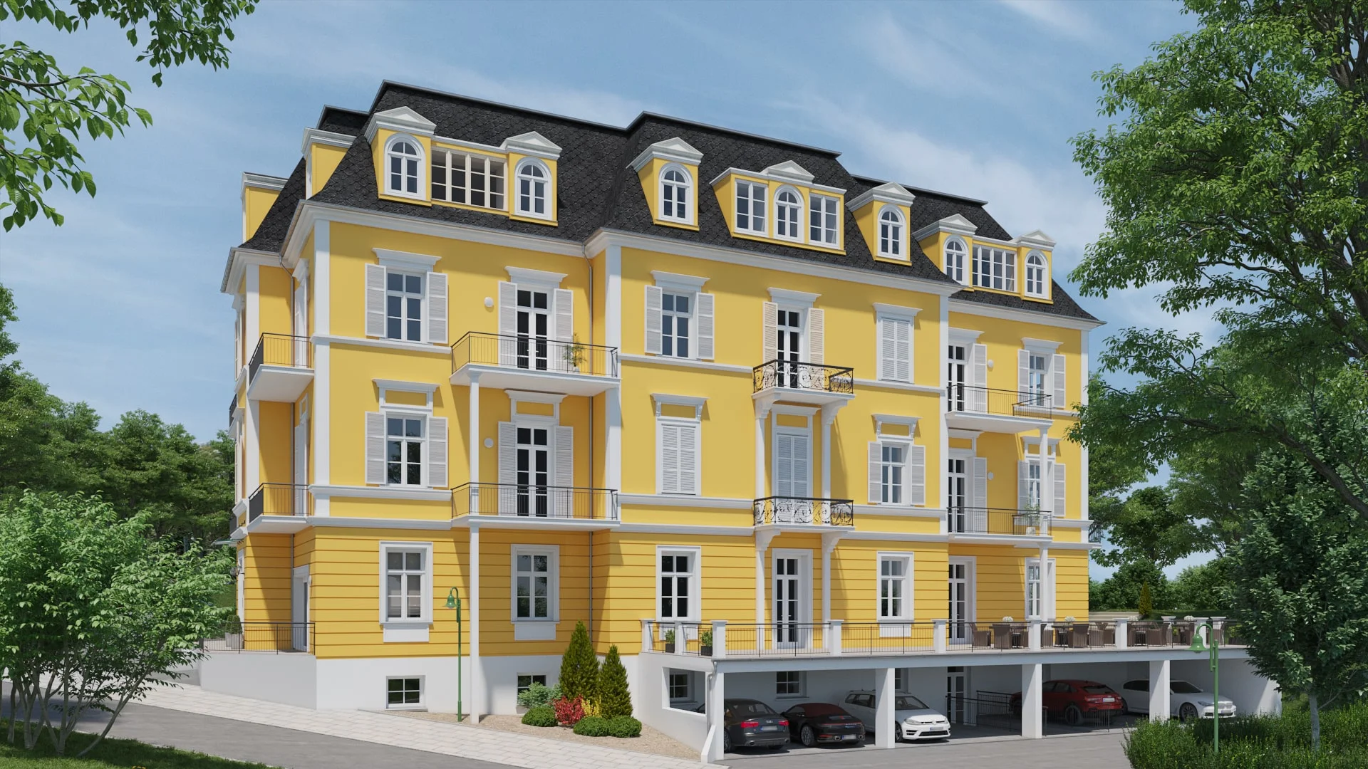 Architectural visualization. Villa Albrecht. Back view with garage