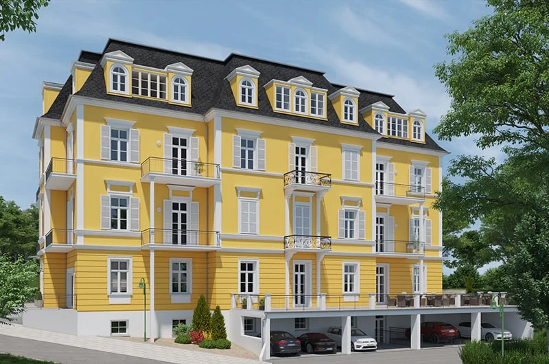 Architectural visualization. Villa Albrecht. Back view with garage