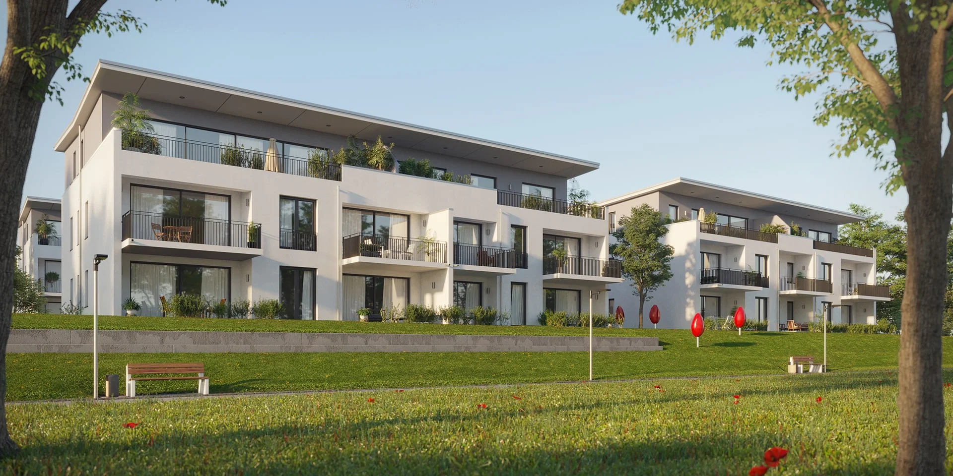Architectural visualization. Multi-family houses. View from the courtyard