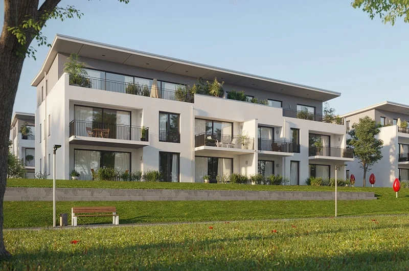 Architectural visualization. Multi-family houses. View from the courtyard