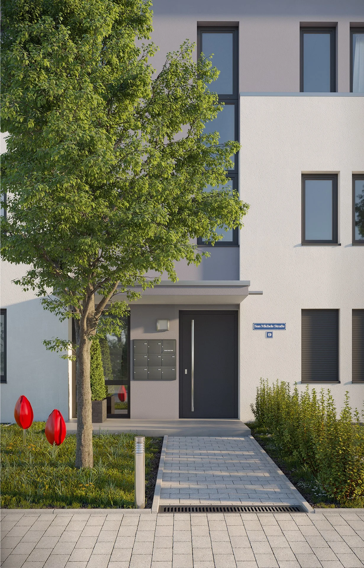 Architectural visualization. Multi-family houses. Entrance