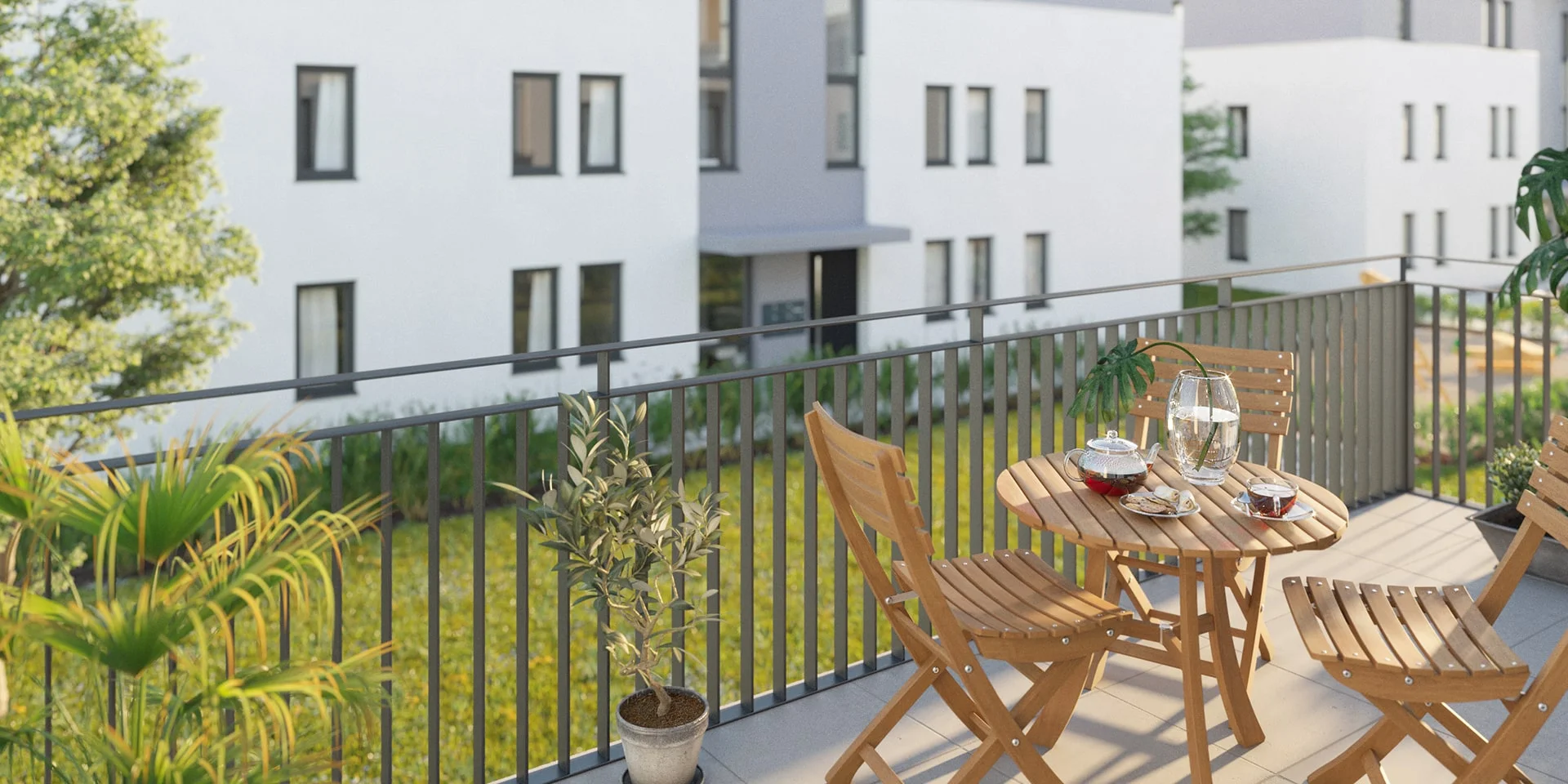 Architectural visualization. Multi-family houses. View from balcony