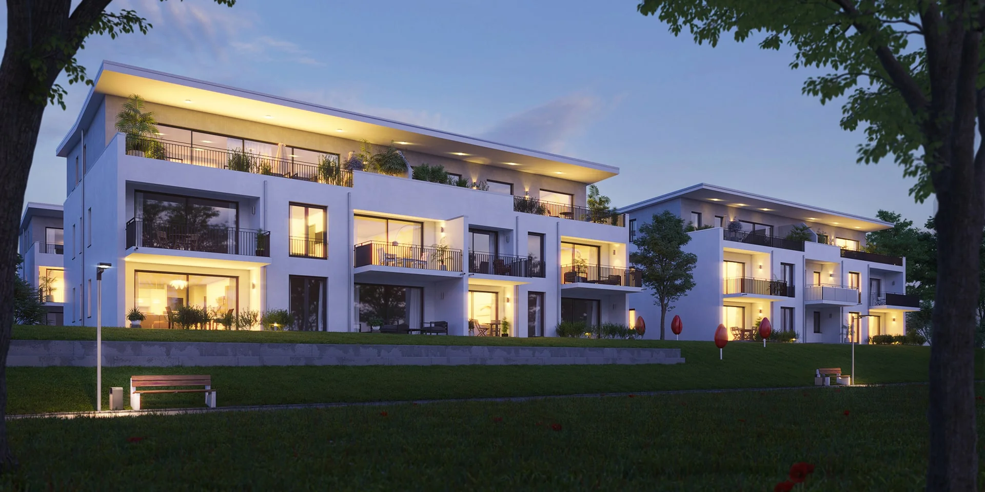 Architectural visualization. Multi-family houses. Night view