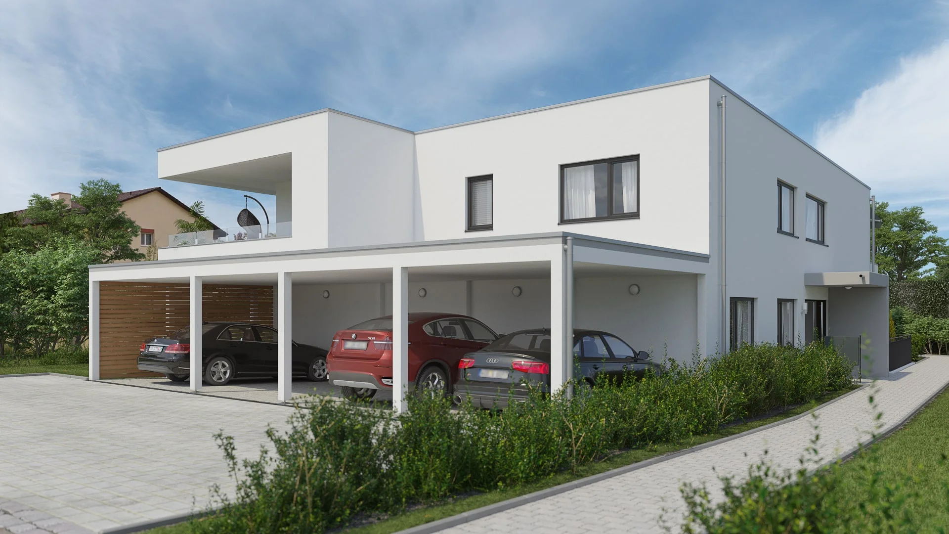 Architectural visualization. Apartment building. Street view