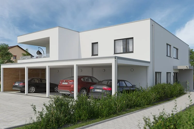 Architectural visualization. Apartment building. Street view