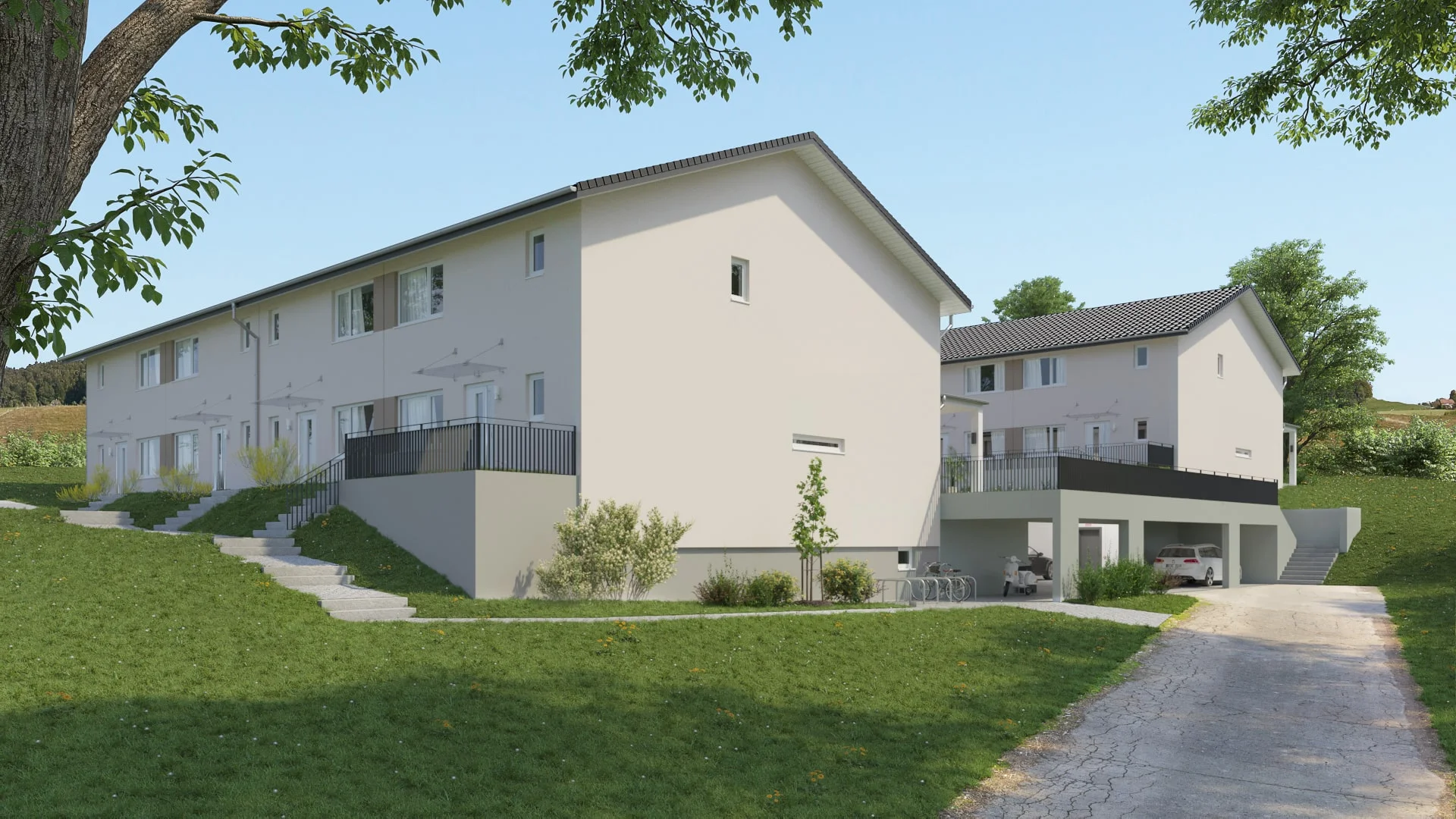 Architectural visualization. Townhouses. Street view_01